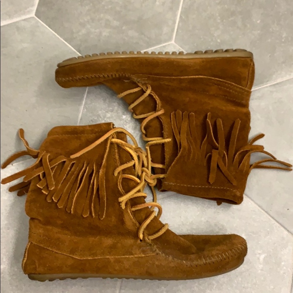 Camel Suede fringe ankle booties